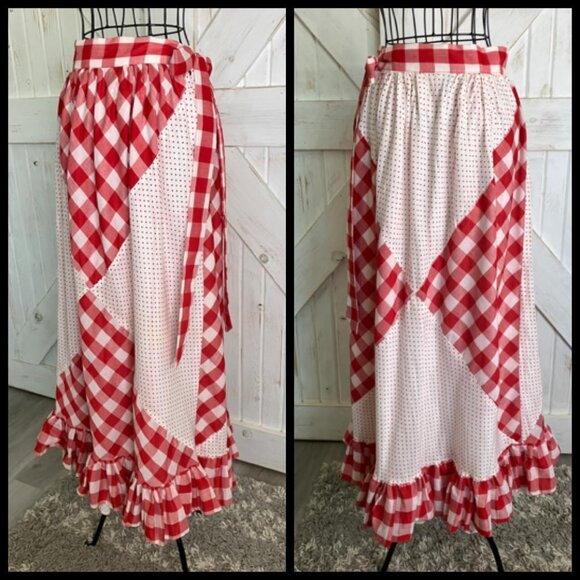 60's Vintage Ellen Tracy Red White Gingham Check Polka Dot Prairie Maxi Skirt - Picture 3 of 7
